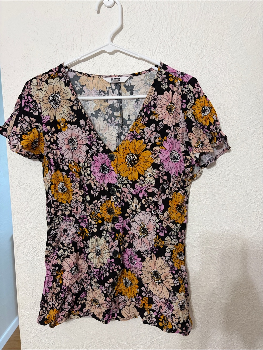 Black Floral Shirt with Pink & Mustard Blooms